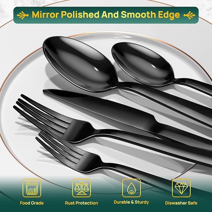 Yoehka 40 Pieces Black Silverware Set, Stainless Steel Flatware Set - Image 3