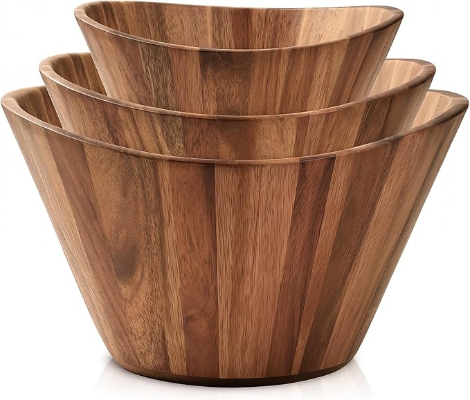 Wooden Salad Bowl Set of 3, Wavy Wood Bowls by Woodenhouse
