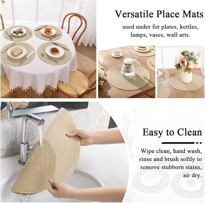 SHACOS 15 inch Round Braided Placemats Set of 4 Cotton Polyester Place Mats - Image 9