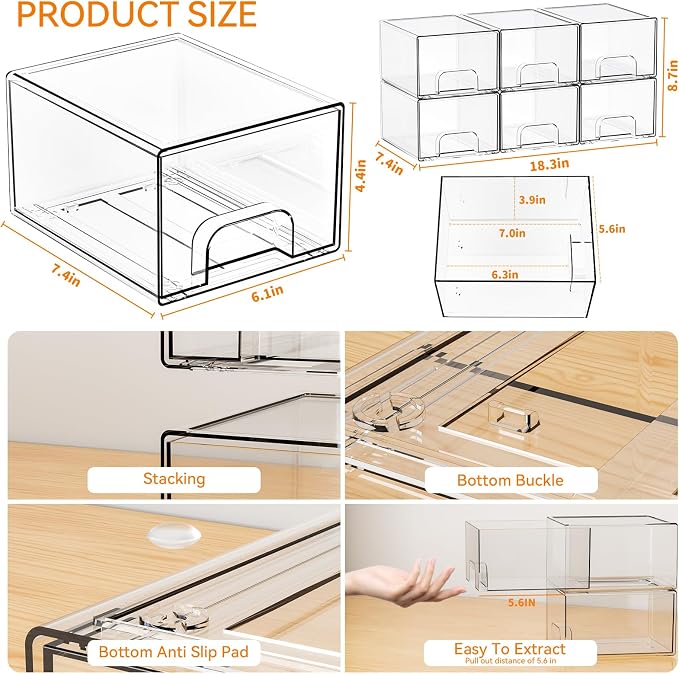 6 Pack Small Stackable Storage Drawers, 4.4 Inch Tall Stacking Acrylic Clear - Image 3