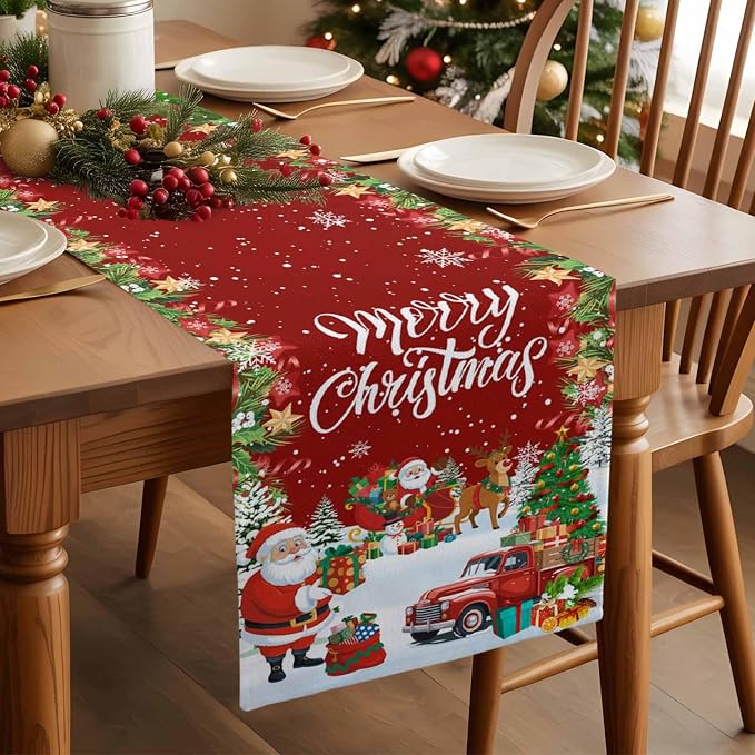Merry Christmas Table Runner 48 Inches Long, Santa Xmas Tree Snowflake Table - Image 3