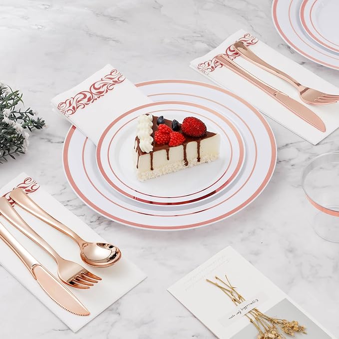 BESTVIP 350 PCS Rose Gold Disposable Plastic Dinnerware Set - Image 3