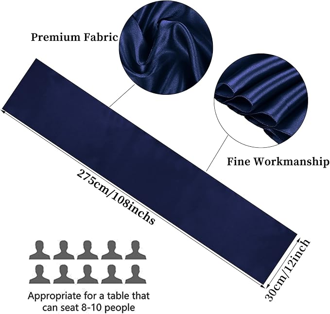 10-Pack Navy Blue 12 x 108 inches Long Premium Satin Table Runner | Wedding - Image 2