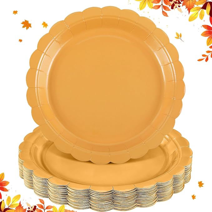 NatNarr 30 Pk Orange Plates 9" Scalloped Fall Thanksgiving Dessert Plates | by NatNarr
