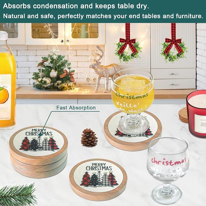 Christmas Tree Coasters for Drinks, Minacun Absorbent Coaster Set of 5 - Image 4