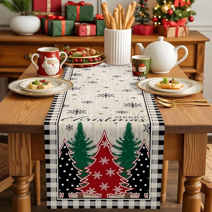 Christmas Trees Table Runner 90 Inches Long, Xmas Snowflake Retro Table Runners - Image 5