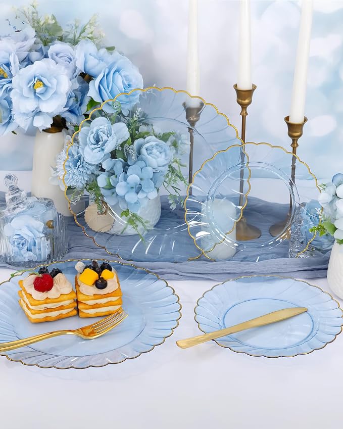 YOUBET 175PCS Clear Blue Scalloped Plastic Plates - Image 5