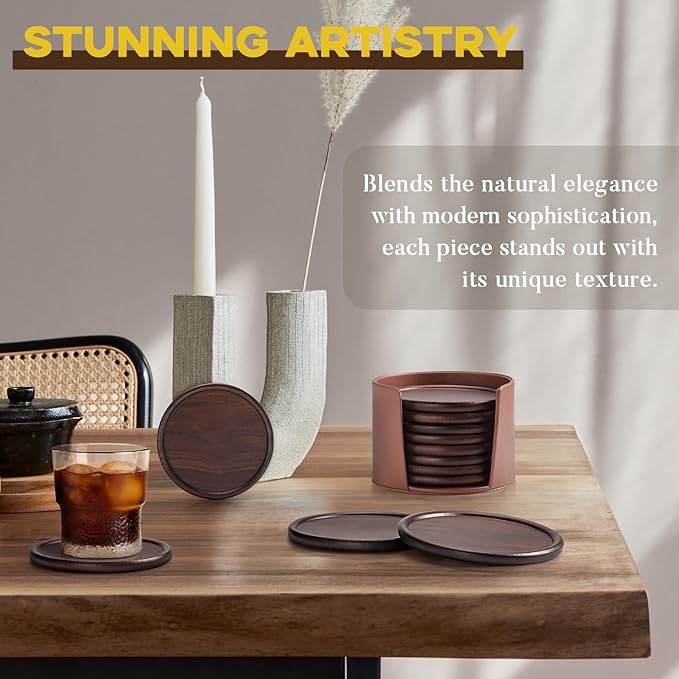 Wood Coasters with Leather Holder, GOH DODD Set of 8 Walnut Wooden Coaster - Image 3