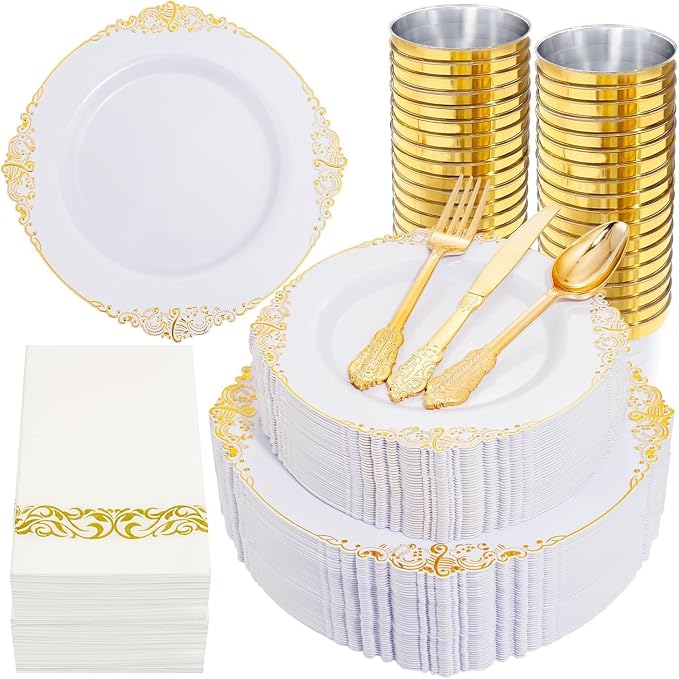 Nervure 350Pcs Gold Plastic Plates, Disposable Dinnerware Set by Nervure