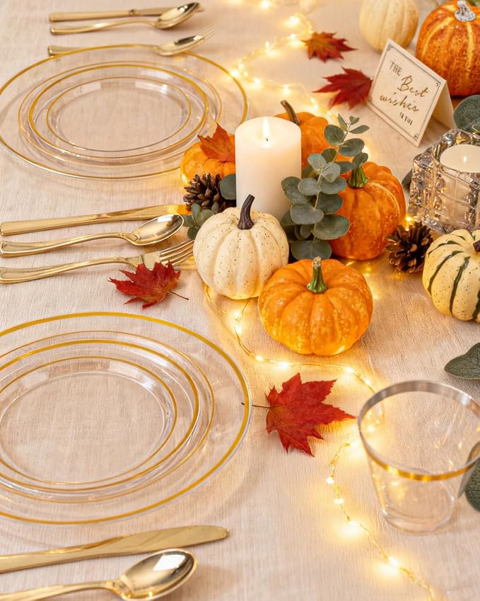 bUCLA 150Pcs Clear Gold Plastic Dinnerware Set - Image 8