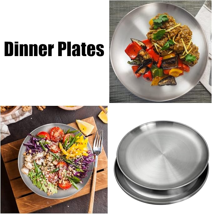 CAMBUY Stainless Steel Plates 10 inch 4 Pcs Metal Dinner Dishes Plate Set | - Image 7