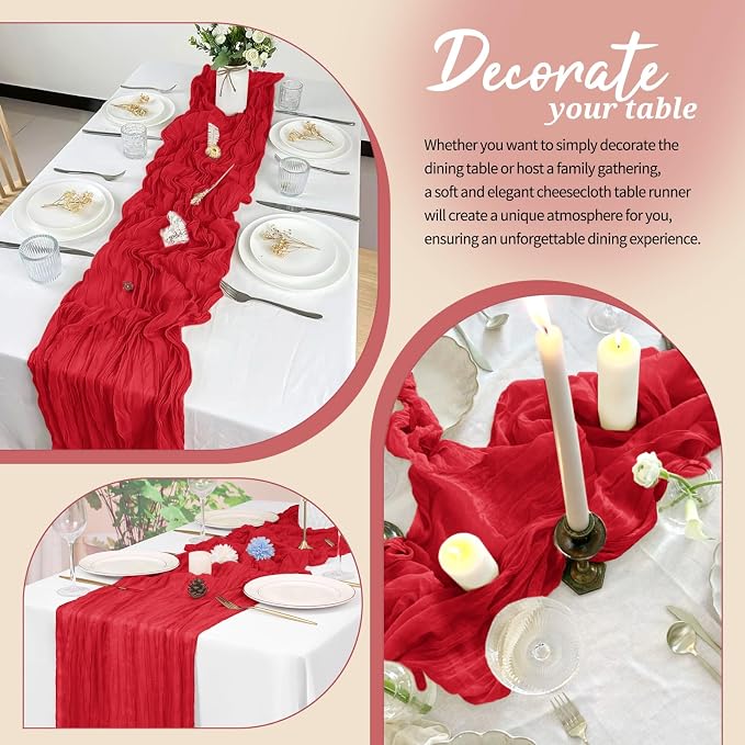 Pesonlook Cheesecloth Table Runner Red, 20 Pack 17.7x108 inch, Long | Rustic - Image 4
