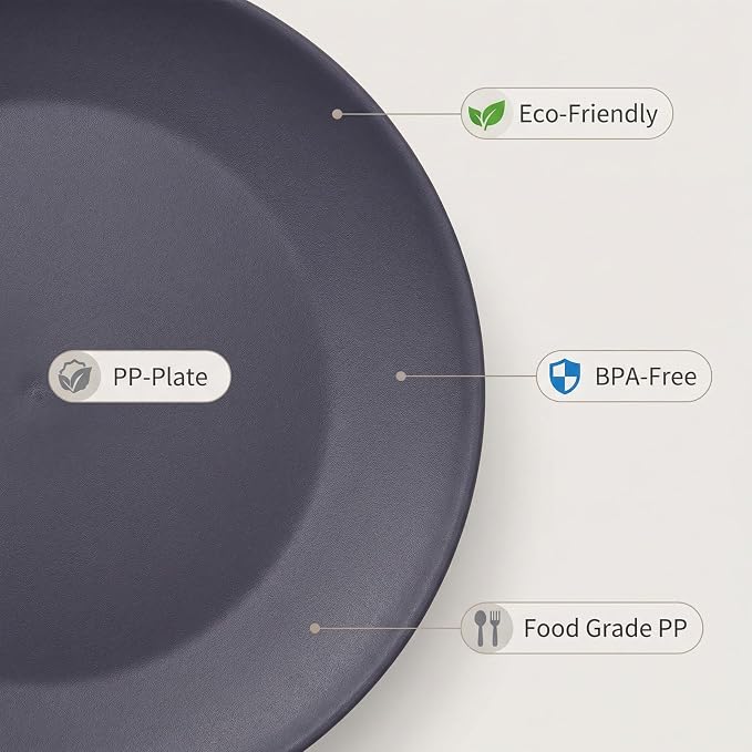 AOYITE 10 inch Plastic Plates Reusable Set 12, BPA Free Kid Plate Grey Tone | - Image 4