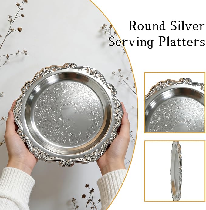 Round Silver Tray, Serving Platters, Vintage Metal Dessert Snack Platter - Image 3