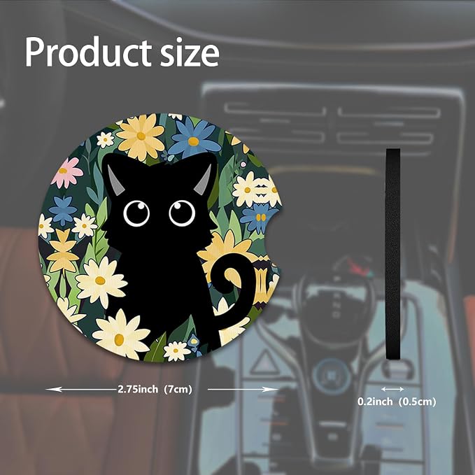 2pcs Cute Black Cat Car Coasters, Absorbent Universal neoprener Cup Holder - Image 2