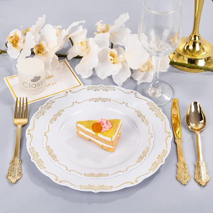 DaYammi 60PCS White and Gold Plastic Plates, Disposable Heavy Duty Plates - Image 3