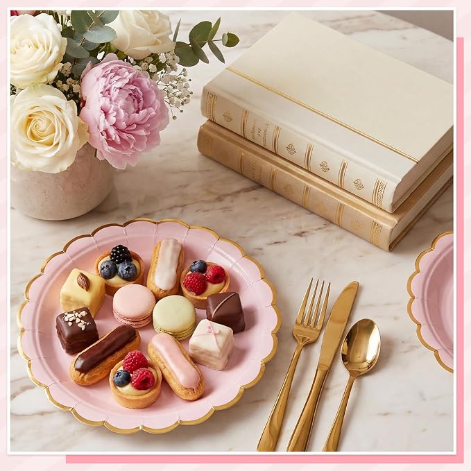 NatNarr 30 Pk Pink Gold Plates 9" Disposable Scalloped Pink Paper Plates | Cute - Image 4