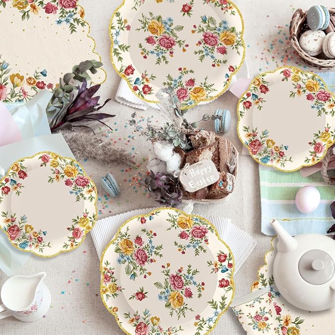 140Pcs Vintage Floral Party Supplies Tableware Set Tea Party Decorations Flower - Image 5