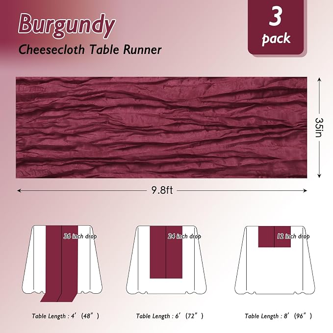 6 Pack Burgundy Red Cheesecloth Table Runner 120 Inch Boho Wedding Decor | - Image 2
