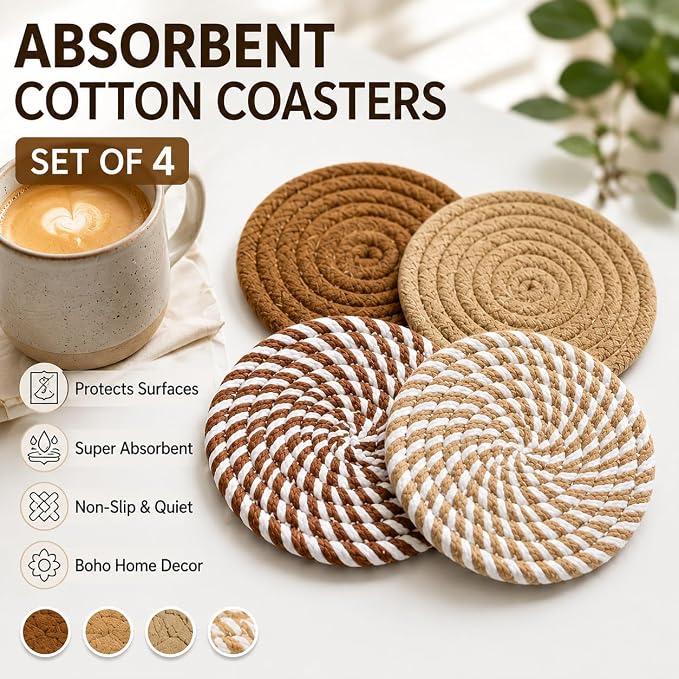 Boho Drink Coasters Set of 4, 4.8 Inch Absorbent Cotton Woven Coasters - Image 7