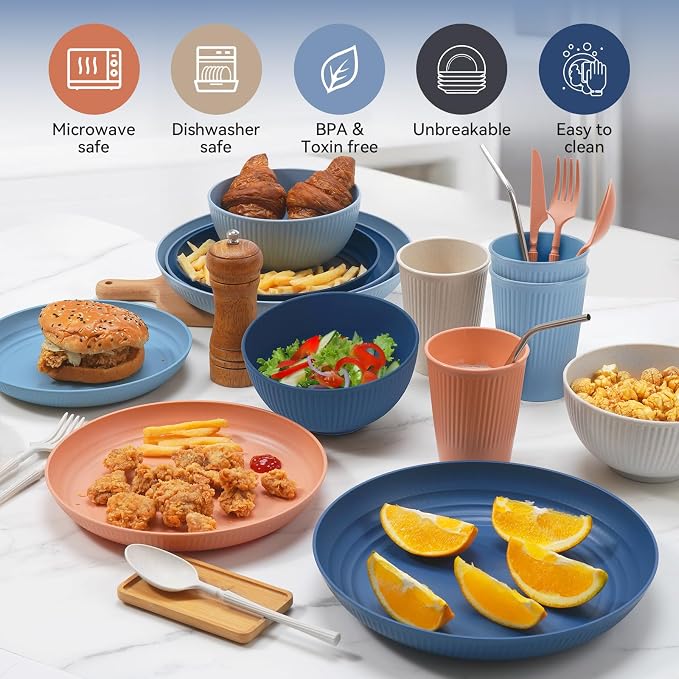 Wheat Straw Dinnerware Sets, 64-Piece Plates and Bowls Sets - Image 5