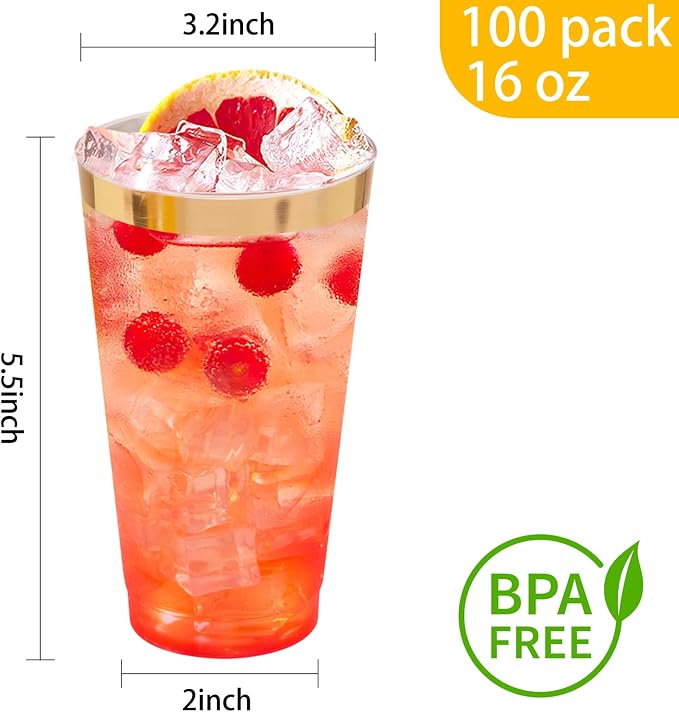 I00000 16 oz Gold Plastic Cups, 100 Pack Clear Plastic Cups Tumblers Gold - Image 4