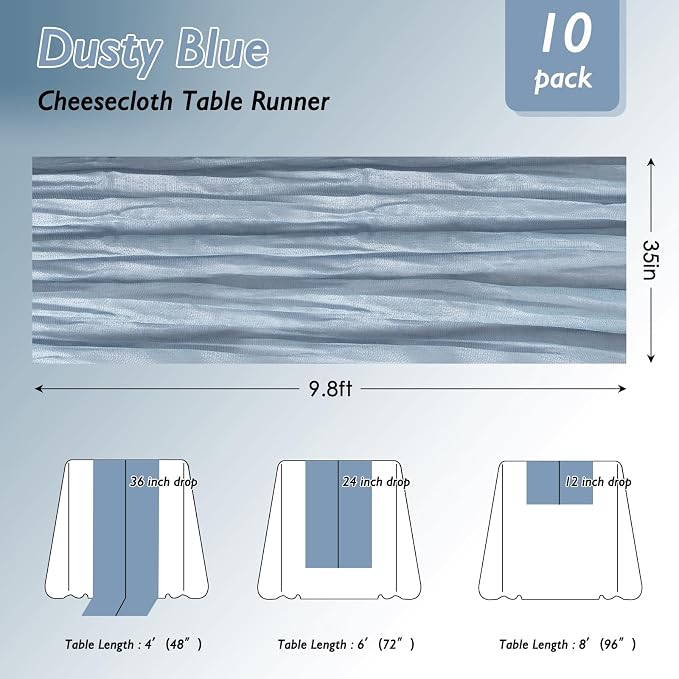 8 Pack Dusty Blue Cheesecloth Table Runner 120 Inch Boho Wedding Decor | - Image 2