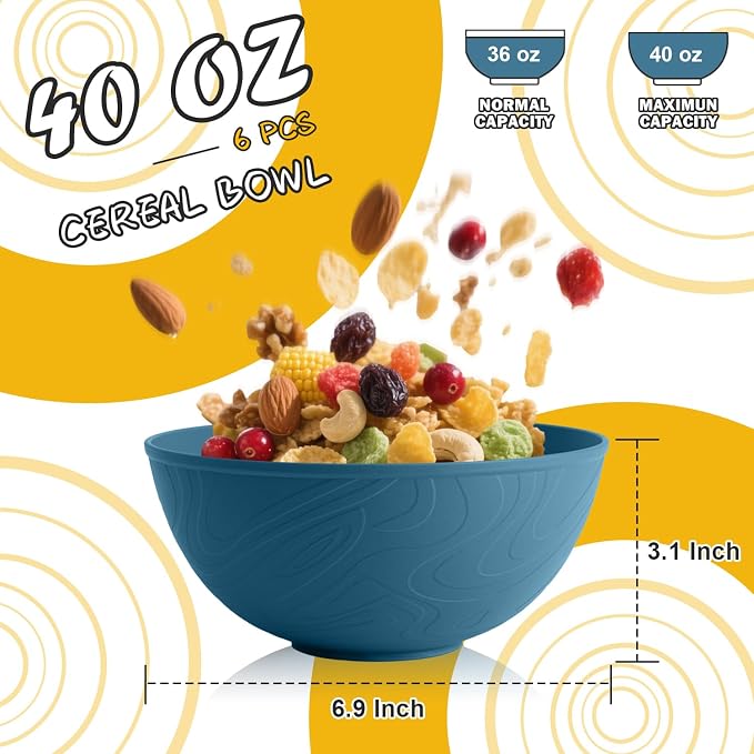 Unbreakable Large Cereal Bowls 40 OZ, Wheat Straw Bowls Set of 6, Alternative - Image 2