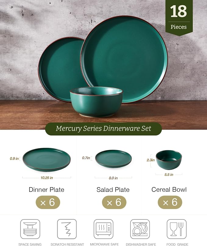 Famiware Mercury 18-Piece Stoneware Dinnerware Set, Dark Green | Plates and - Image 2