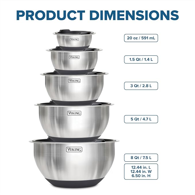 Viking Mixing Bowls Set, 10 Piece Stainless Steel Kitchen Cookware, Non-Slip - Image 5
