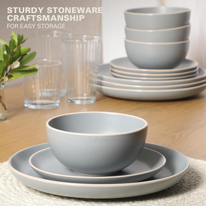 Gibson Home Rockaway 12-Piece Stoneware Dinnerware Set, Matte Finish, Service - Image 4