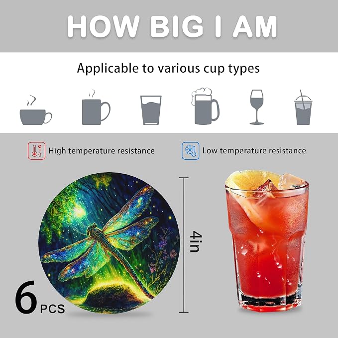 6 Pcs Drink Coasters with Holder, Fantastic Dragonfly Forest Absorbent Round - Image 4