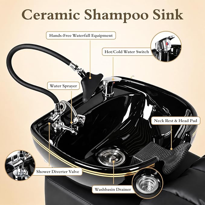 Shampoo Bowl and Chair Set for Salon, Hair Washing Station Barber Backwash Unit - Image 3