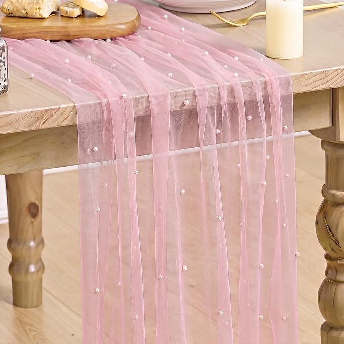 Artoid Mode Pearl Pastel Pink Gauze Table Runner 120 Inch 10FT, Seasonal Sheer by ArtoidMode