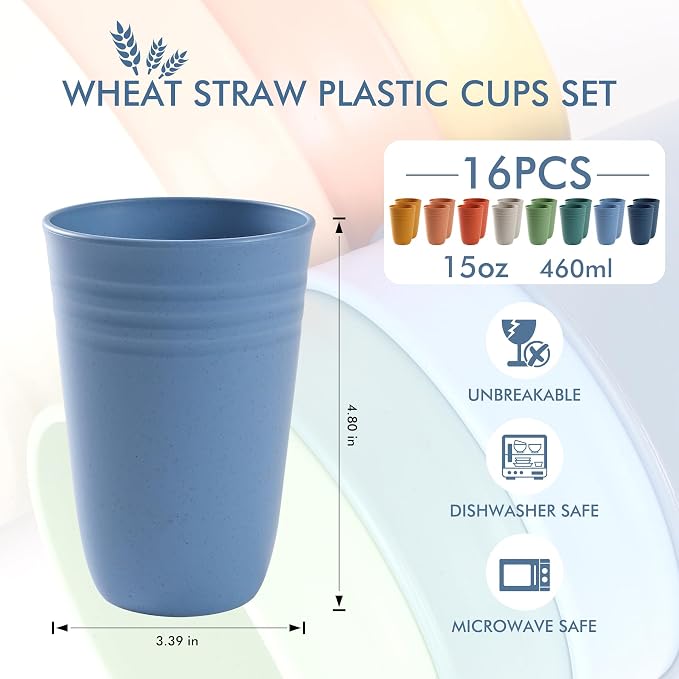 HOTEC 16-Pack 15oz Plastic Cups, BPA-Free Reusable Drinking Cup set, - Image 2
