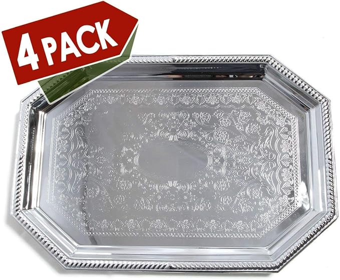 Elegant Floral Engraved Serving Tray Chrome Plated Steel Plate Platter - Image 2