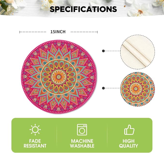 Artoid Mode Pink Yellow Mandala Round Placemats Set of 4, 14 Inch Seasonal - Image 5