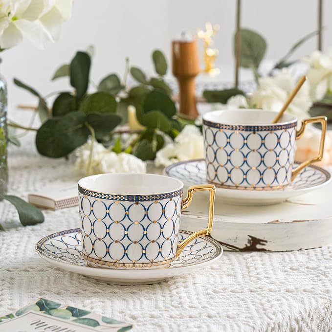 CwlwGO-European Style Ceramic Coffe Cup and Saucer Sets, 7 Oz Bone China - Image 2