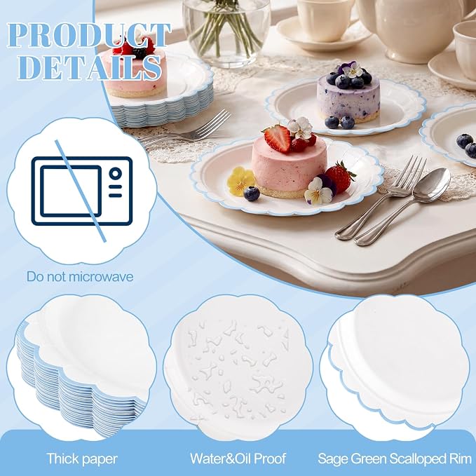 NatNarr 30 PK Light Blue Plates 7" Scalloped Blue White Dessert Cake Plates | - Image 3