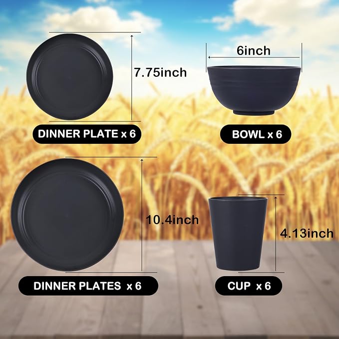 24pc Black Wheat Straw Dinnerware Set, Unbreakable Dish Set - Image 3