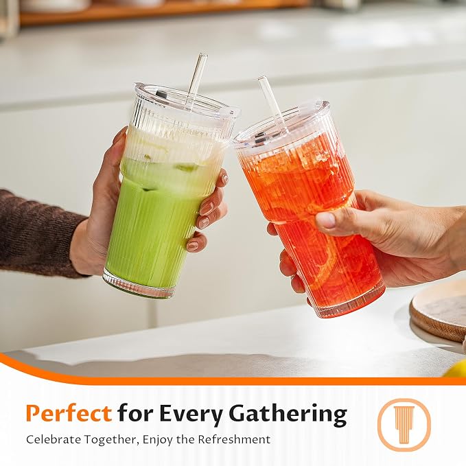 20oz Iced Coffee Cups with Lids, Glass Coffee Cups with Lids and Straws | Clear - Image 6