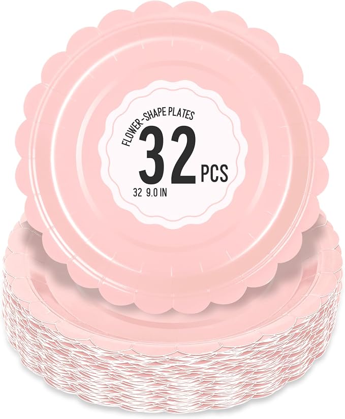 32 Pcs Pink Paper Plates 9 Inch Scalloped Dessert Plates by Polinook-TheAnswerToEveryClutteredSpace