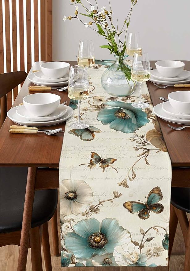 Turquoise Tulip Table Runners 70 Inches Long, Spring Vintage Botanical Table - Image 2