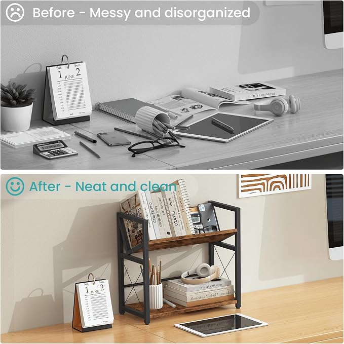 ELITEROO Desktop Bookshelf, 2 Tier Desk Shelf Organizer, Wooden Tabletop - Image 5