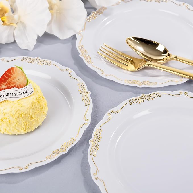 DaYammi 60PCS White and Gold Plastic Plates, Disposable Heavy Duty Plates - Image 8