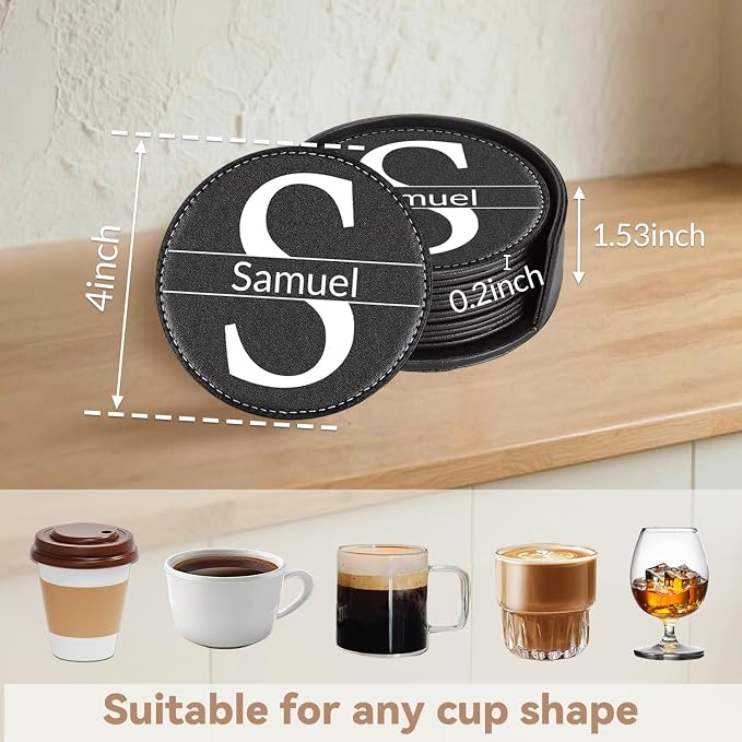 Custom Coaster, Personalized PU Name Coasters Set of 6 - Image 2