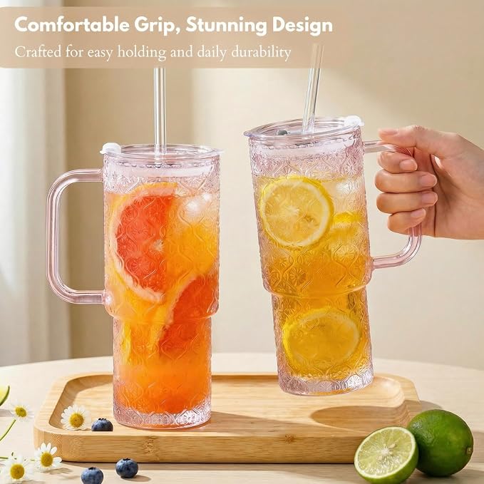 20 oz Pink Glass Tumbler with Lid and Straw, Glass Iced Coffee Cups, - Image 8