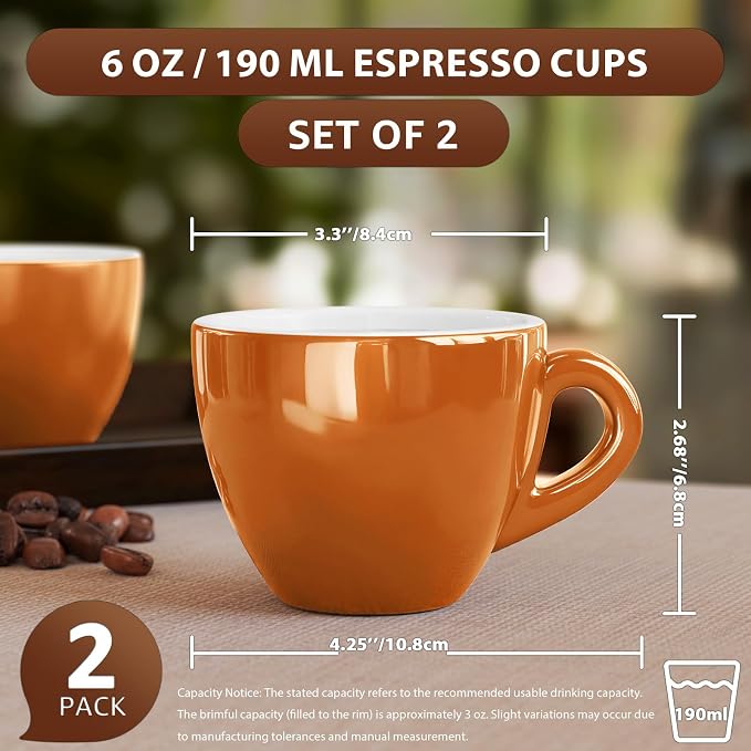 Pilnocok Ceramic Espresso Cups Set of 2, 6 oz Coffee Small Mugs | Cappuccino - Image 7