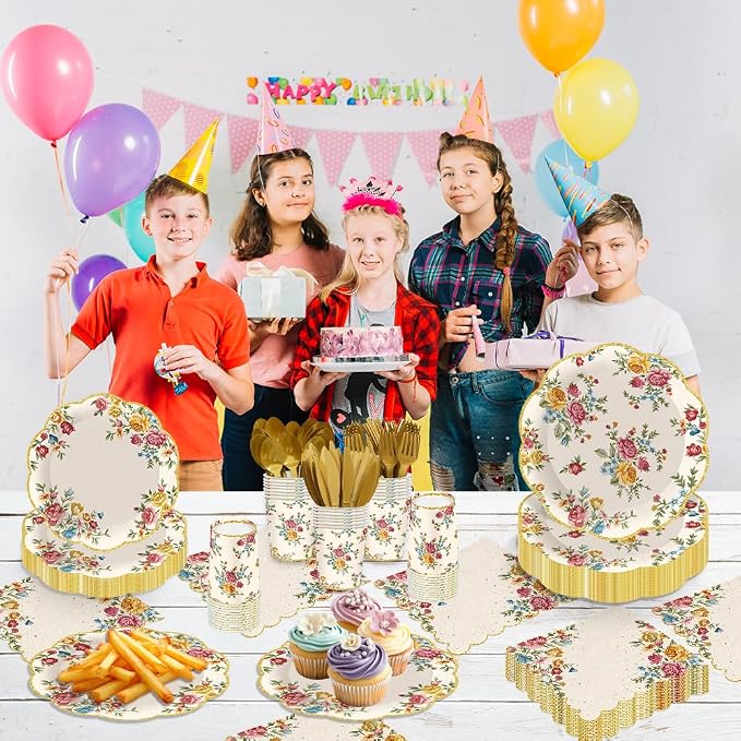 140Pcs Vintage Floral Party Supplies Tableware Set Tea Party Decorations Flower - Image 4