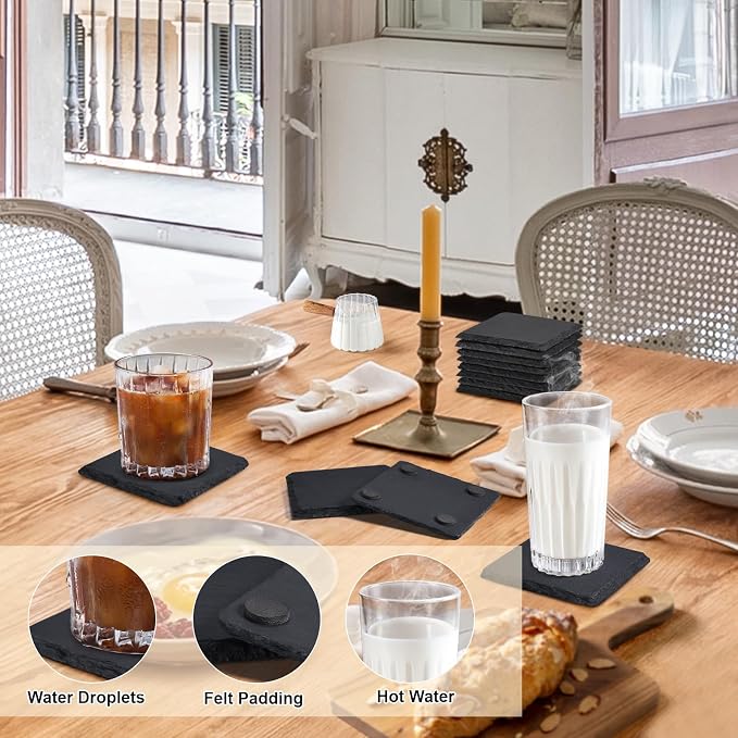 Slate Coasters Set 12, MAPRIAL 4 Inch Square Rustic Black Stone Coasters - Image 4